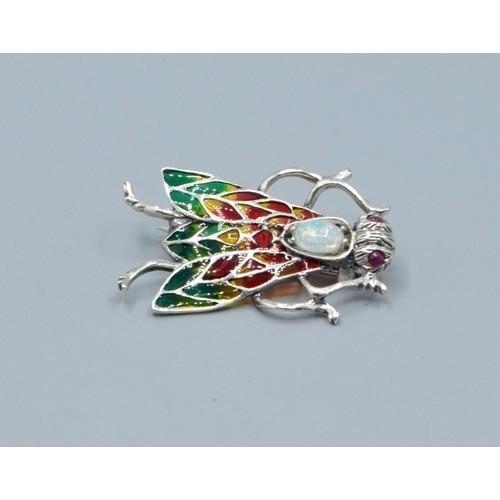 285 - Silver Plique A Jour Bug brooch with Opal panel