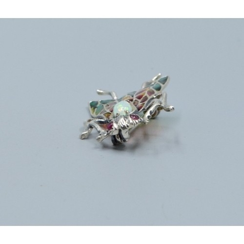 285 - Silver Plique A Jour Bug brooch with Opal panel