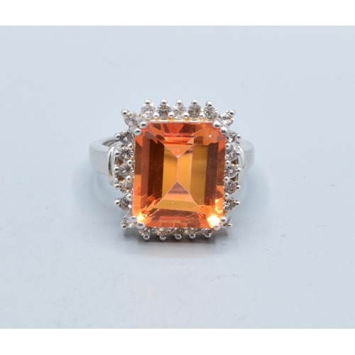 253 - 925 silver ladies Citrine square head halo design ring in a castle setting size R
