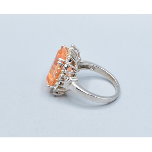 253 - 925 silver ladies Citrine square head halo design ring in a castle setting size R