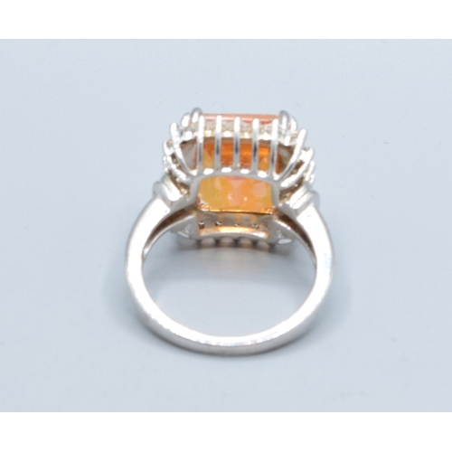 253 - 925 silver ladies Citrine square head halo design ring in a castle setting size R