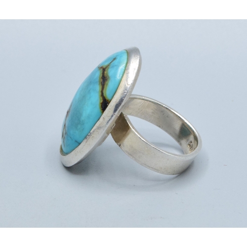 291 - 925 silver ladies large oval Turquoise adjustable statement ring the head measures 32x22mm size Q