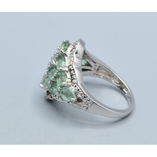 308 - Substantial ladies 925 silver Diamond shape multi stone light green gem stone halo design statement ... 