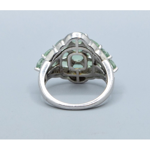 308 - Substantial ladies 925 silver Diamond shape multi stone light green gem stone halo design statement ... 