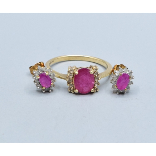 327 - 9ct gold ladies matching suite of Diamond and Ruby earrings and ring the ring is size N, 4.2grams