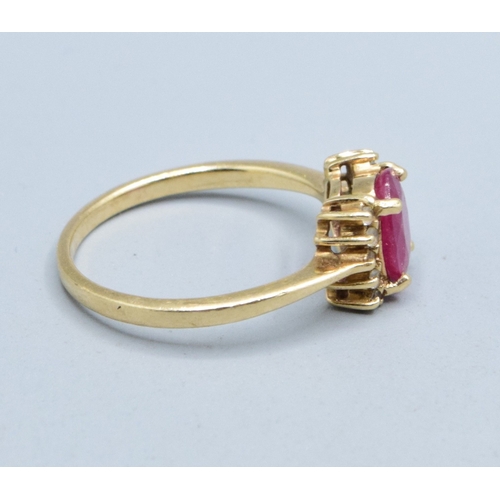 327 - 9ct gold ladies matching suite of Diamond and Ruby earrings and ring the ring is size N, 4.2grams