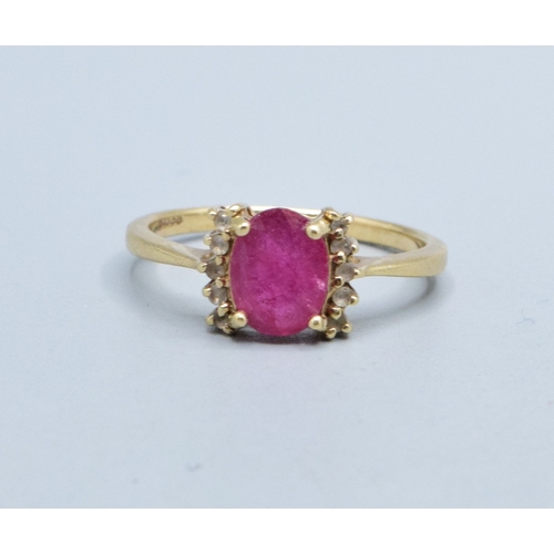 327 - 9ct gold ladies matching suite of Diamond and Ruby earrings and ring the ring is size N, 4.2grams