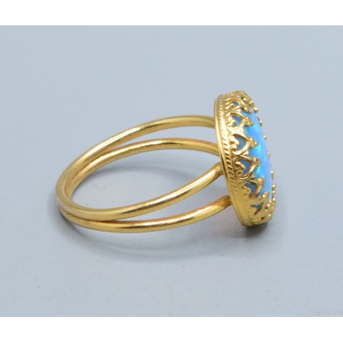 328 - Round Opal ladies vintage dress ring set in 9ct gold (tested) claw mount the head measures 13mm diam... 