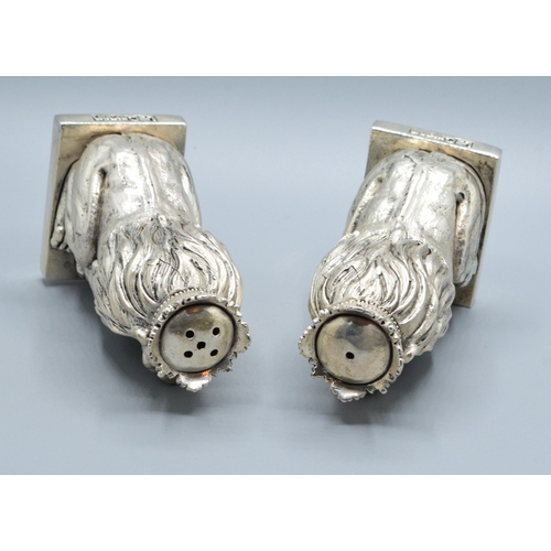 224 - Unusual pair of silver plate condiments in the shape of Lions on a Plinth 9cm tall