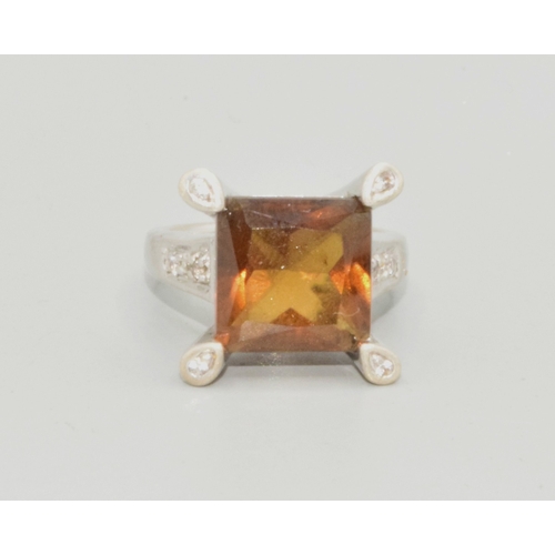 825 - 925 silver large square smokie quarts ladies Dress ring held in a castled claw setting size N