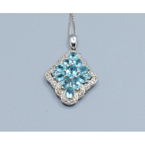 862 - New with Tag 925 silver ladies Blue gem set diamond shape pendant necklace the head being 26x18mm he... 