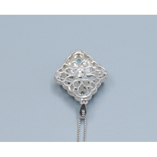 862 - New with Tag 925 silver ladies Blue gem set diamond shape pendant necklace the head being 26x18mm he... 