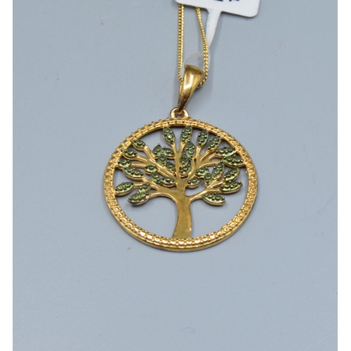 817 - New with Tag gold on 925 silver Tree of Life pendant necklace with green gem set decoration on a mat... 