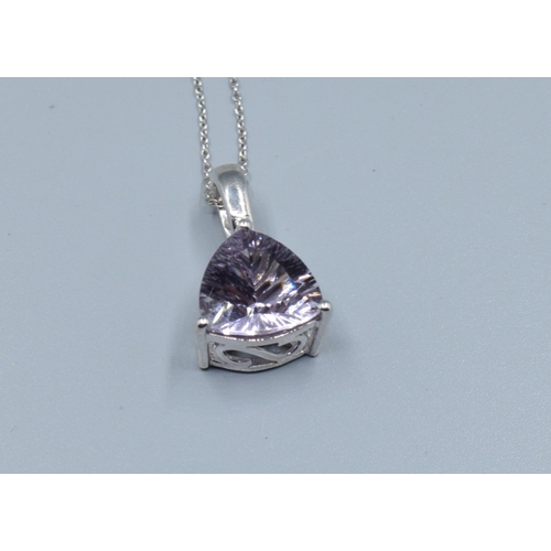 842 - New with Tag 925 silver Triangular Amethyst pendant necklace on a matching 925 silver neck chain of ... 