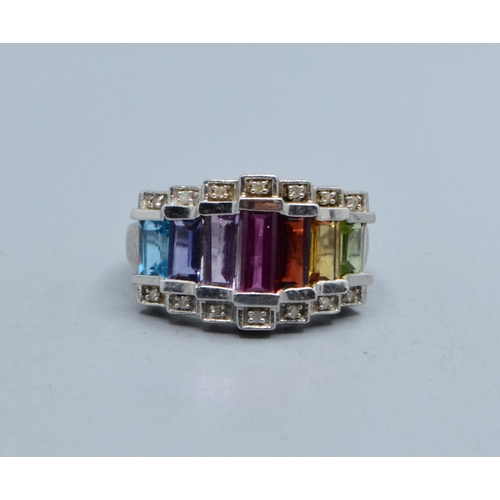 776 - 925 silver graduating emerald cut multi gem set accent Diamond dress ring size N