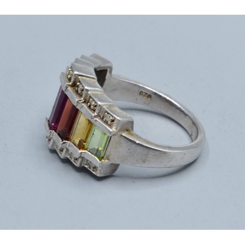 776 - 925 silver graduating emerald cut multi gem set accent Diamond dress ring size N