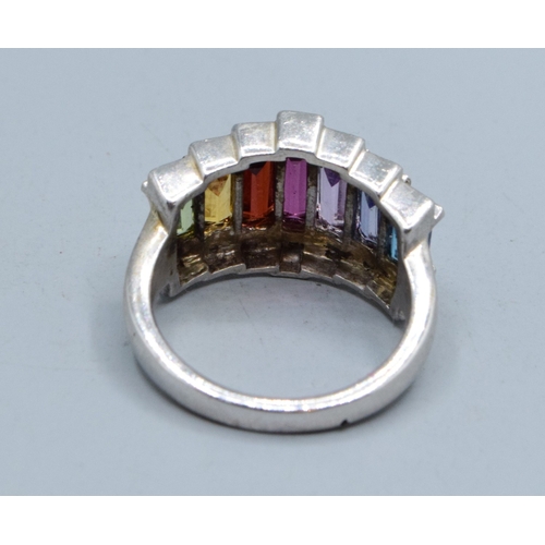 776 - 925 silver graduating emerald cut multi gem set accent Diamond dress ring size N