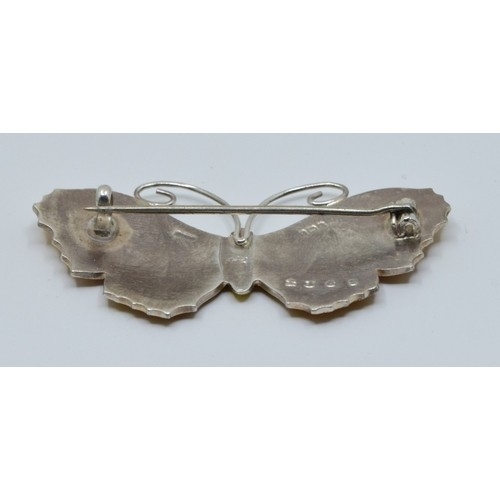 849 - JA&S Art Deco silver and Enamel butterfly brooch Birmingham 1918 in red velvet box, 5.6cm x2.9cm... 