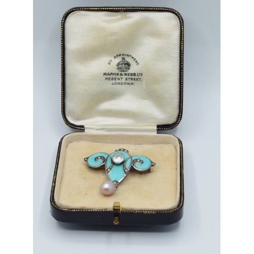 851 - Art Nouveau silver and Enamel, seed Pearl brooch with Pearl drop in a Mappin & Webb antique box,... 