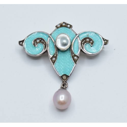 851 - Art Nouveau silver and Enamel, seed Pearl brooch with Pearl drop in a Mappin & Webb antique box,... 
