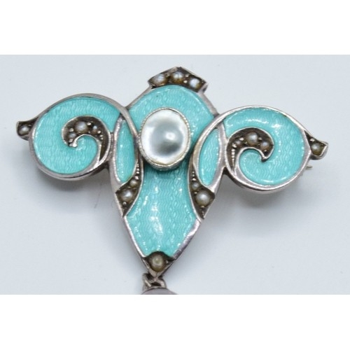 851 - Art Nouveau silver and Enamel, seed Pearl brooch with Pearl drop in a Mappin & Webb antique box,... 