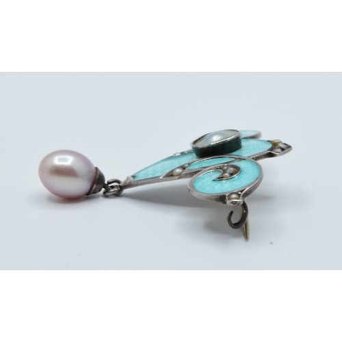 851 - Art Nouveau silver and Enamel, seed Pearl brooch with Pearl drop in a Mappin & Webb antique box,... 