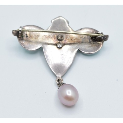 851 - Art Nouveau silver and Enamel, seed Pearl brooch with Pearl drop in a Mappin & Webb antique box,... 