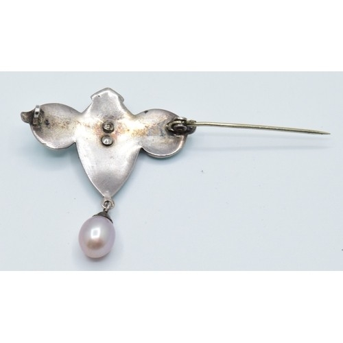 851 - Art Nouveau silver and Enamel, seed Pearl brooch with Pearl drop in a Mappin & Webb antique box,... 