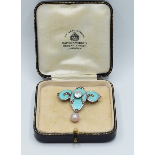 851 - Art Nouveau silver and Enamel, seed Pearl brooch with Pearl drop in a Mappin & Webb antique box,... 