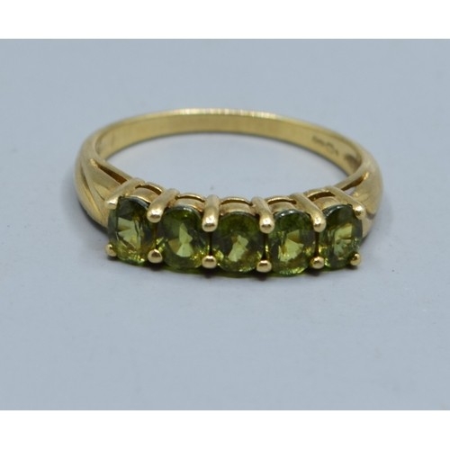 536 - 9ct gold ladies 5 stone Green Elbaite gem set dress ring size L
