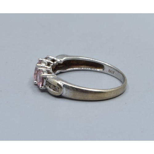 548 - 9ct white gold Pink sapphire and accent Diamond decorated 3 stone ring size N, 2.5grams