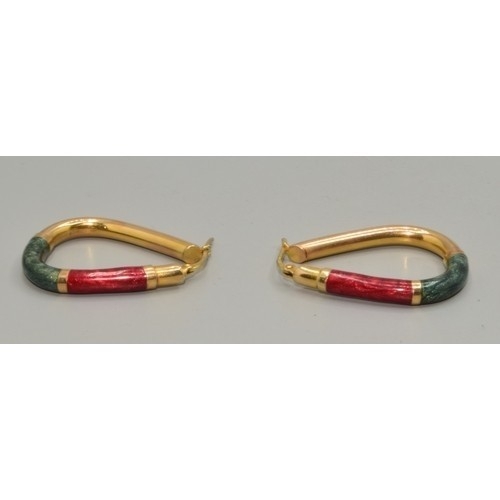 547 - Good size 9ct gold hoop earrings with Green and Red enamel decoration 33x26mm 5.3grams