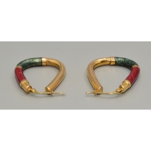 547 - Good size 9ct gold hoop earrings with Green and Red enamel decoration 33x26mm 5.3grams