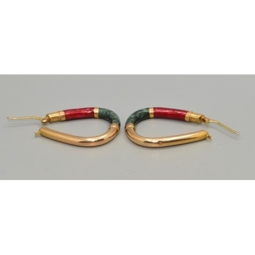 547 - Good size 9ct gold hoop earrings with Green and Red enamel decoration 33x26mm 5.3grams