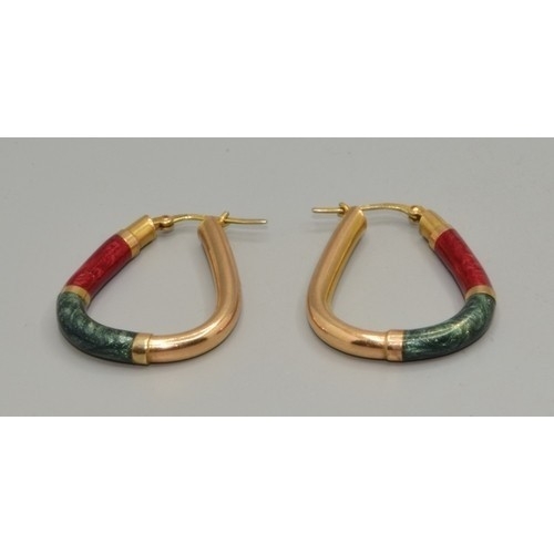 547 - Good size 9ct gold hoop earrings with Green and Red enamel decoration 33x26mm 5.3grams