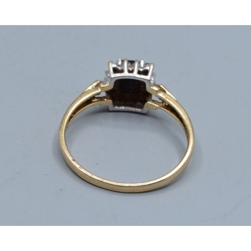 551 - 9ct gold ladies square shape Sapphire and Diamond halo dress ring size Q, 2.0grams