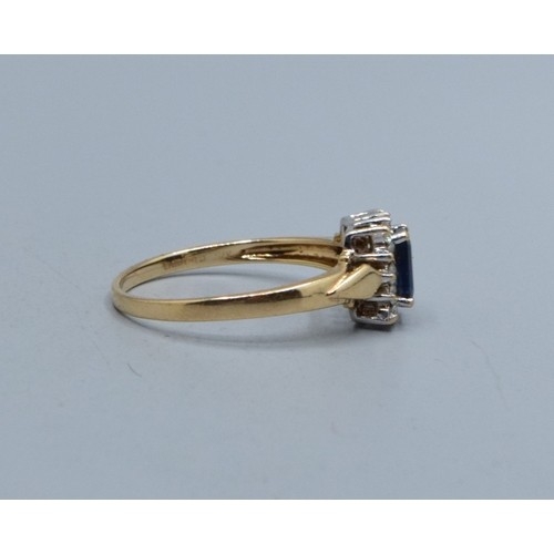 551 - 9ct gold ladies square shape Sapphire and Diamond halo dress ring size Q, 2.0grams