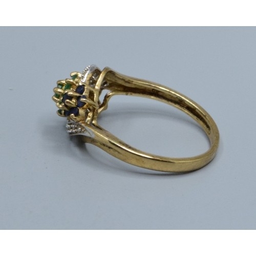 555 - 9ct gold ladies Diamond Ruby Emerald and Amethyst statement ring designed as 3 flower heads in a swe... 