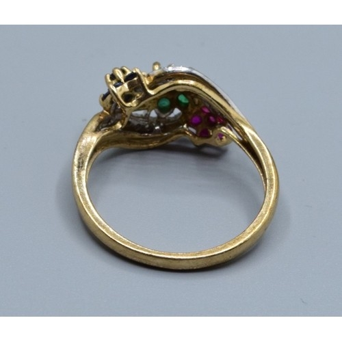 555 - 9ct gold ladies Diamond Ruby Emerald and Amethyst statement ring designed as 3 flower heads in a swe... 