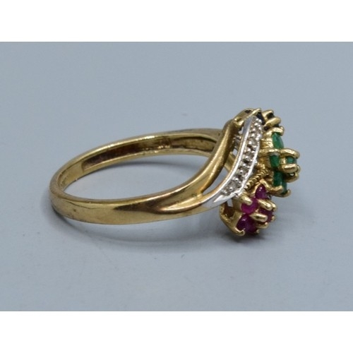 555 - 9ct gold ladies Diamond Ruby Emerald and Amethyst statement ring designed as 3 flower heads in a swe... 