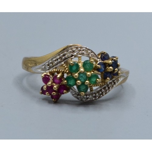 555 - 9ct gold ladies Diamond Ruby Emerald and Amethyst statement ring designed as 3 flower heads in a swe... 