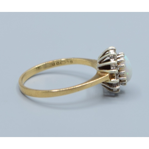 503 - 9ct gold ladies vintage Opal and Diamond halo cluster ring size N,