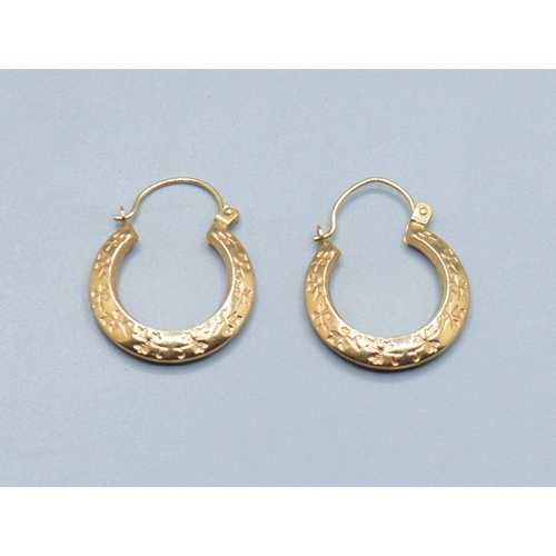 504 - 9ct gold round hoop foliate design earrings 18mm diameter, 4mm widest