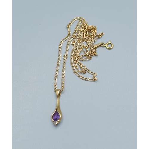 533 - 9ct gold Amethyst and accent Diamond tear drop pendant, pendant being 2.4cm drop on a 9ct gold figar... 