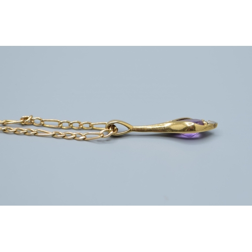 533 - 9ct gold Amethyst and accent Diamond tear drop pendant, pendant being 2.4cm drop on a 9ct gold figar... 