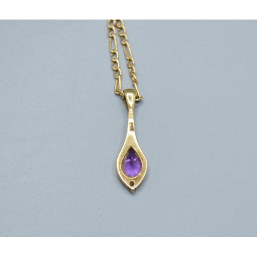 533 - 9ct gold Amethyst and accent Diamond tear drop pendant, pendant being 2.4cm drop on a 9ct gold figar... 
