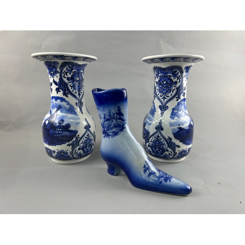 179 - A pair of large Delft vases along with a unique shoe shaped porcelain