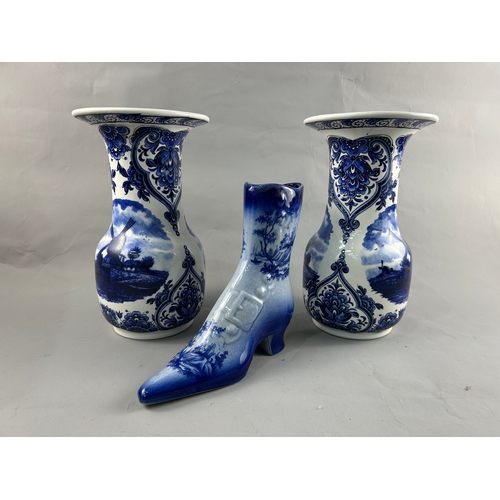 179 - A pair of large Delft vases along with a unique shoe shaped porcelain