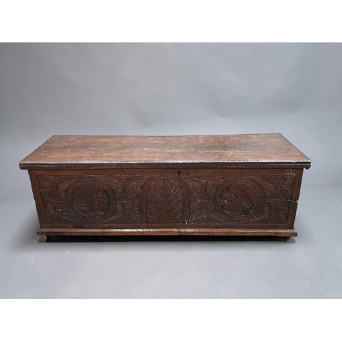 6 - A late Elizabethan Oak marriage chest.With carved portrait medallions and stylised designs.Late 16th... 