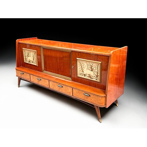 11 - A large Italian Mid-century Dresser sideboard.Circa 1960.multiple wood veneers with carved Deer moti... 